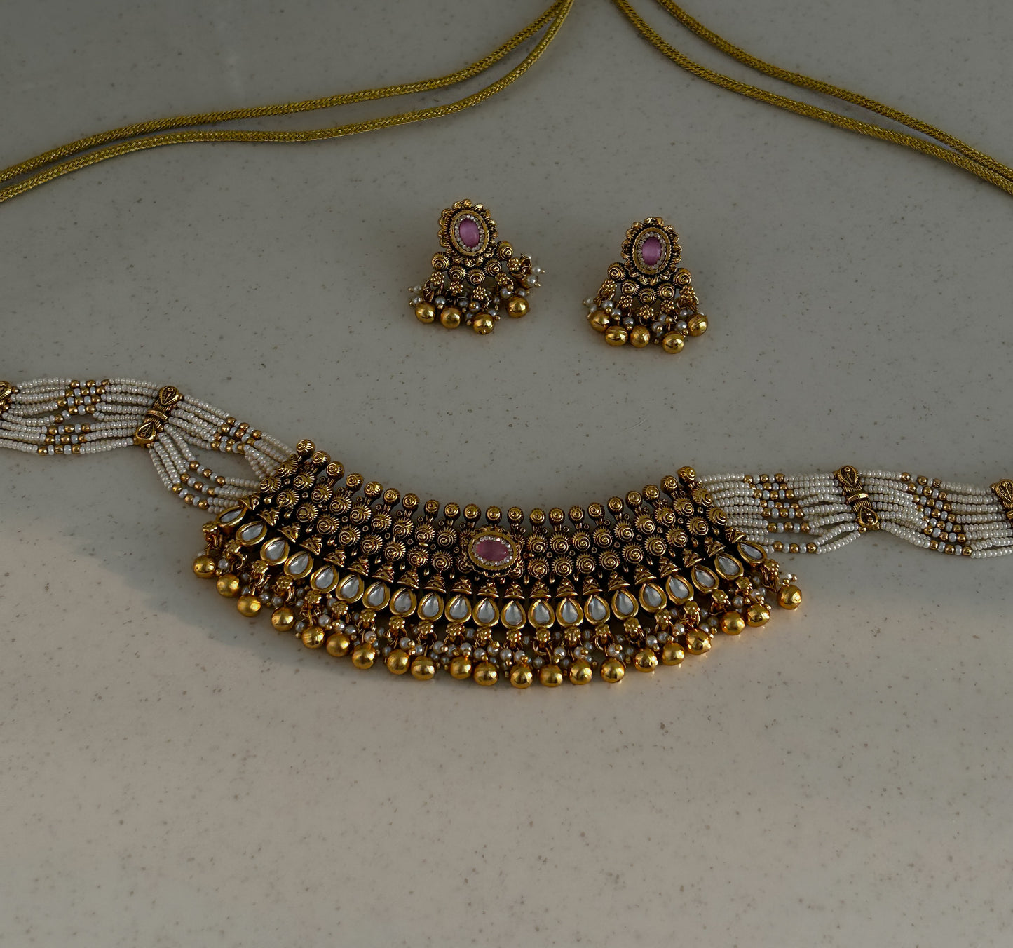 Temple Pearl Pink Choker Necklace Set