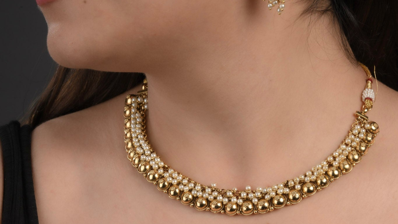 Antique Gold Pearl Necklace Set