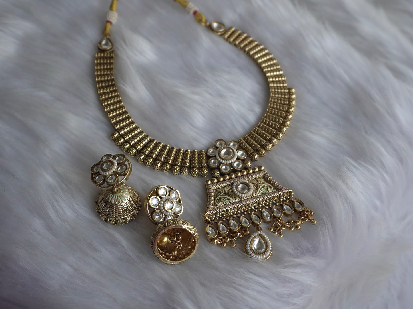 Temple White Rajwadi Necklace Set (Necklace & Earrings)