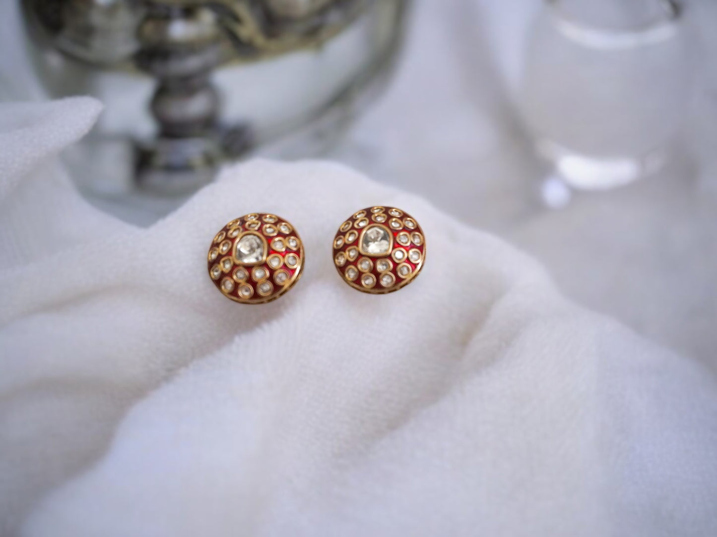 Red Enamel Kundan Stud Earrings