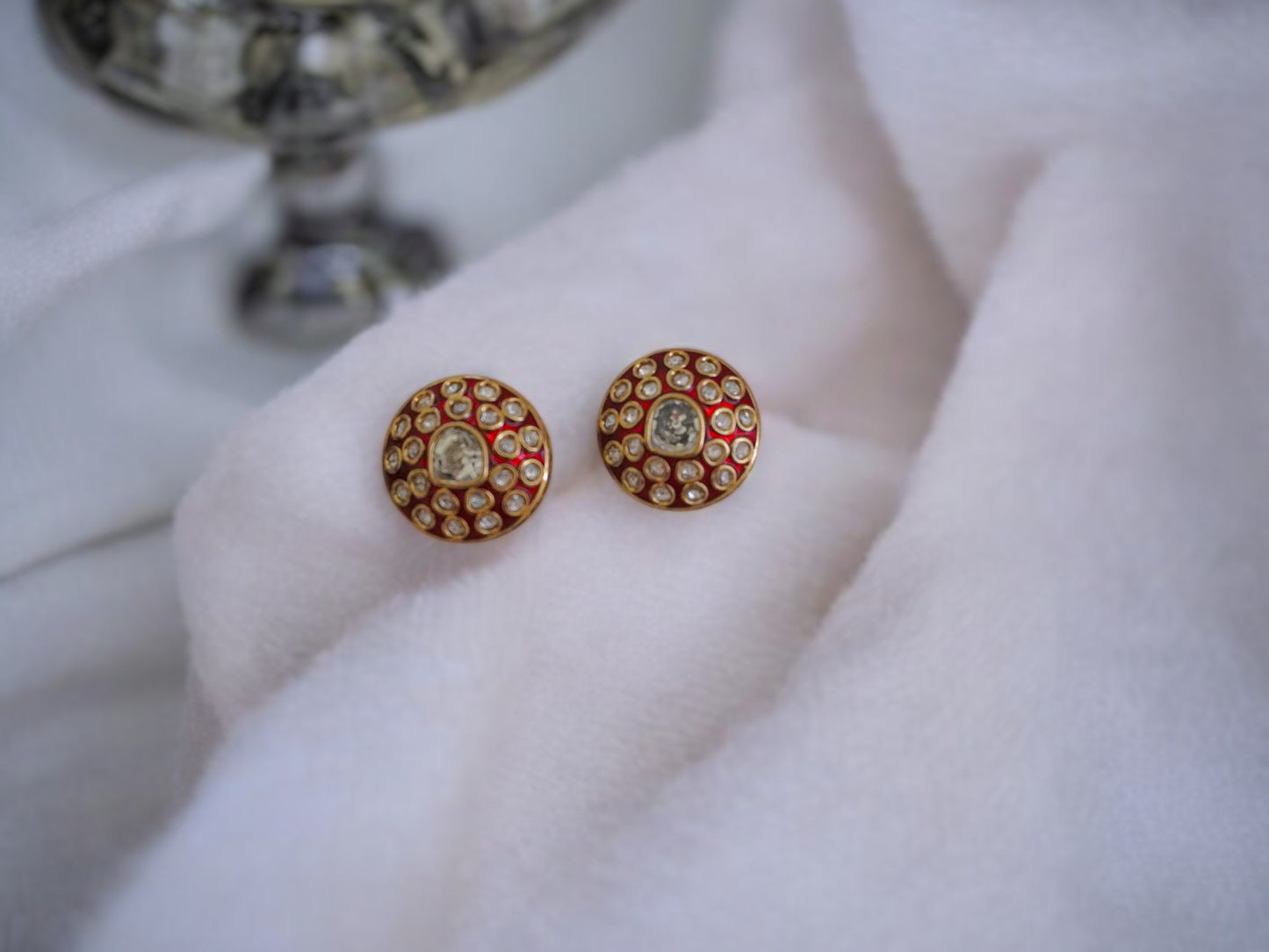 Red Enamel Kundan Stud Earrings