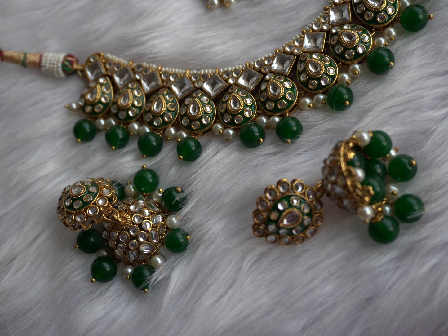 Green Rani Statement Necklace (Necklace, Earrings, Maang Tikka - Set of 3)