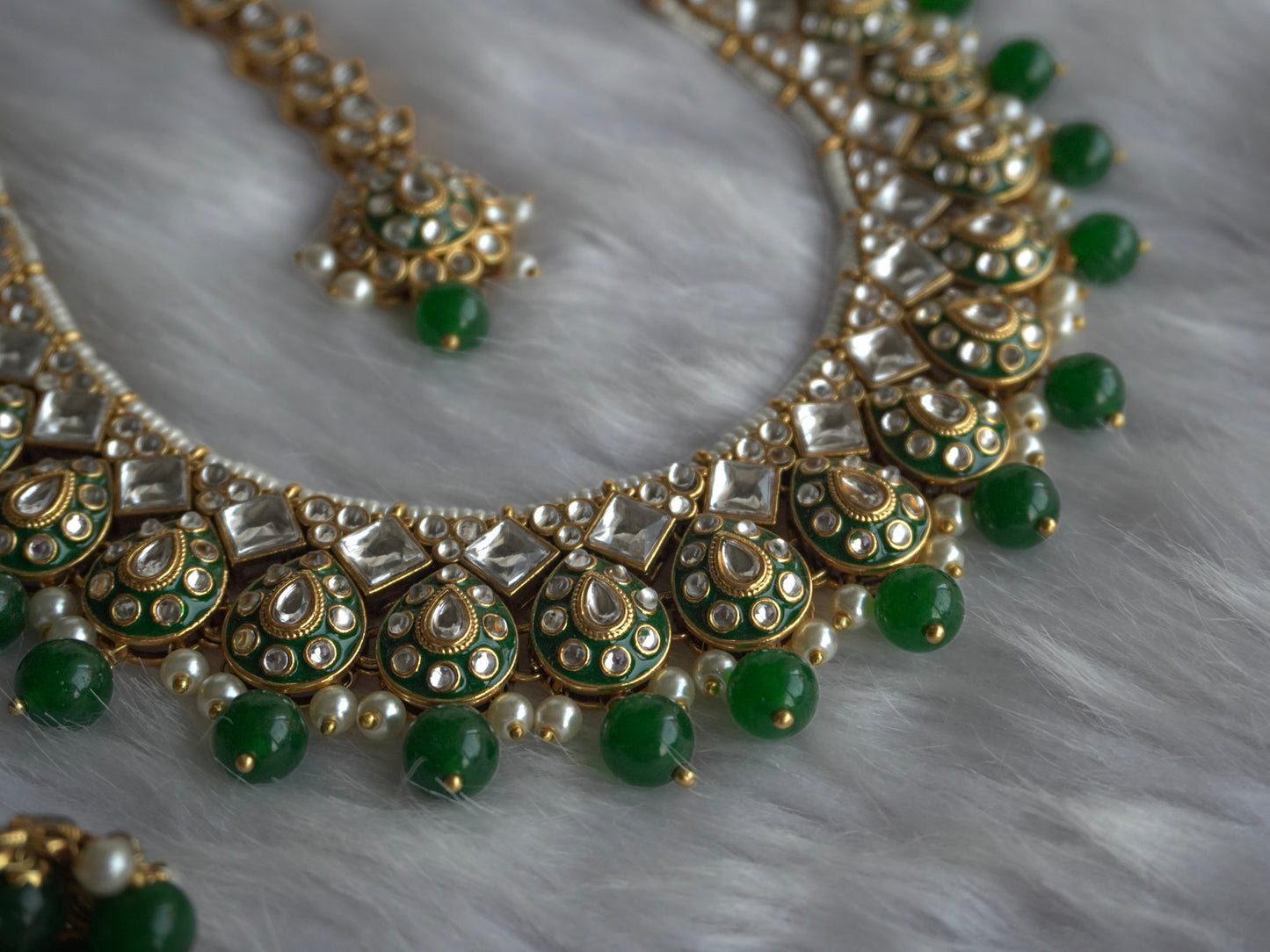 Green Rani Statement Necklace (Necklace, Earrings, Maang Tikka - Set of 3)