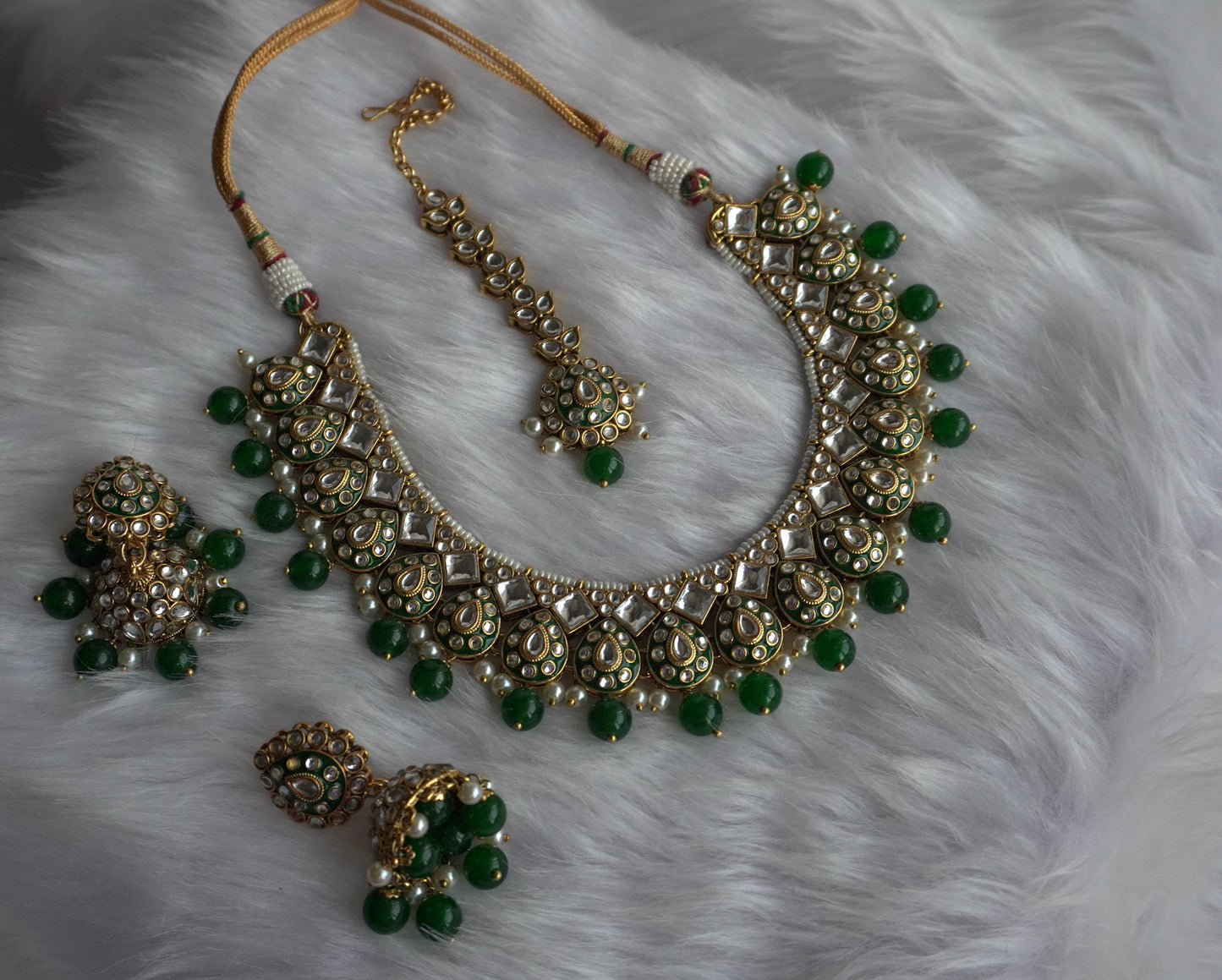 Green Rani Statement Necklace (Necklace, Earrings, Maang Tikka - Set of 3)