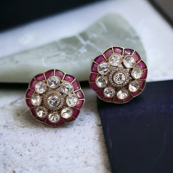 Mossanite Kundan Polki Stud Earrings (Colour Options Available)