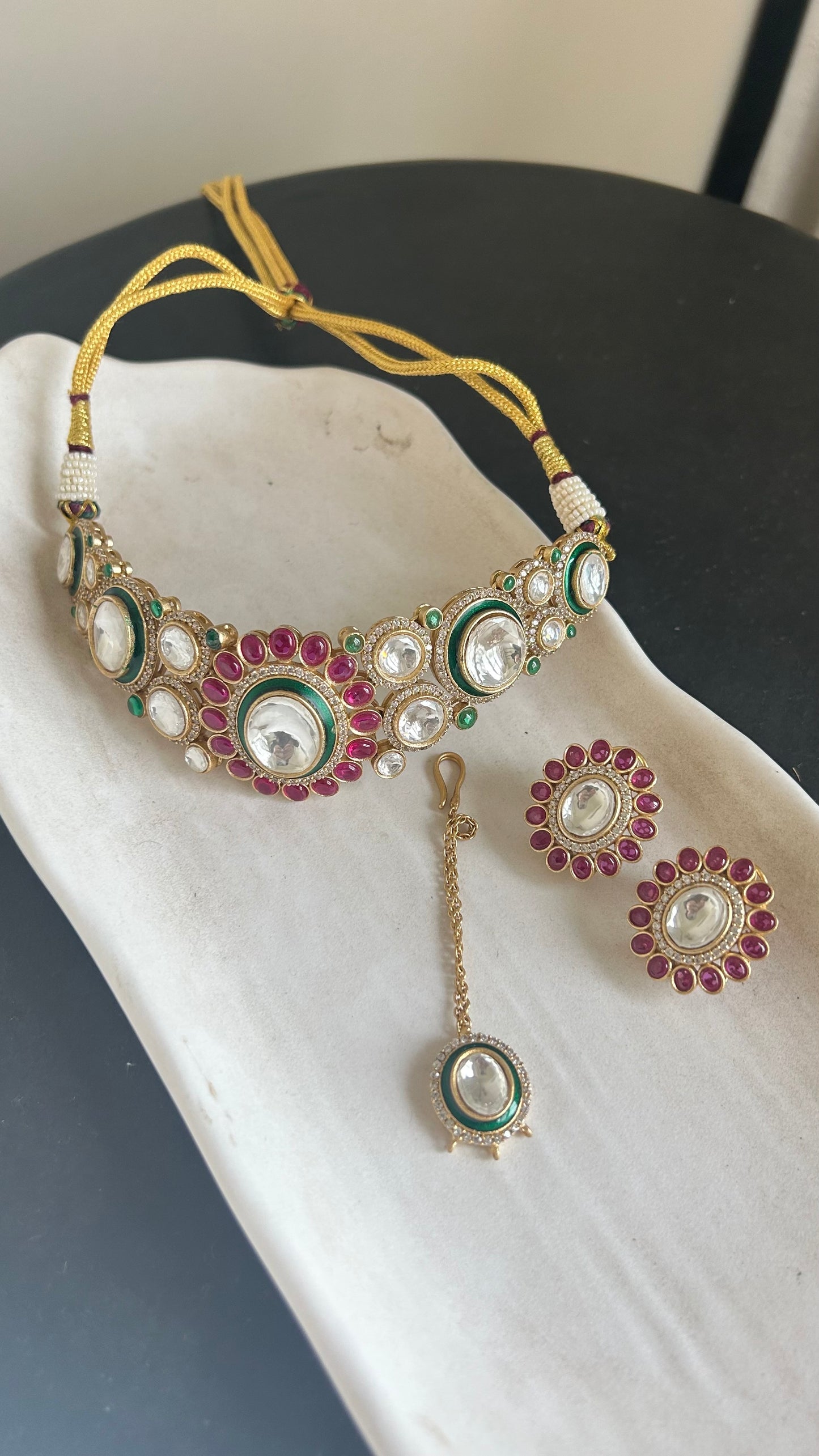 Ira Rajwada Polki Choker Set (Choker, Earrings & Maang Tikka)