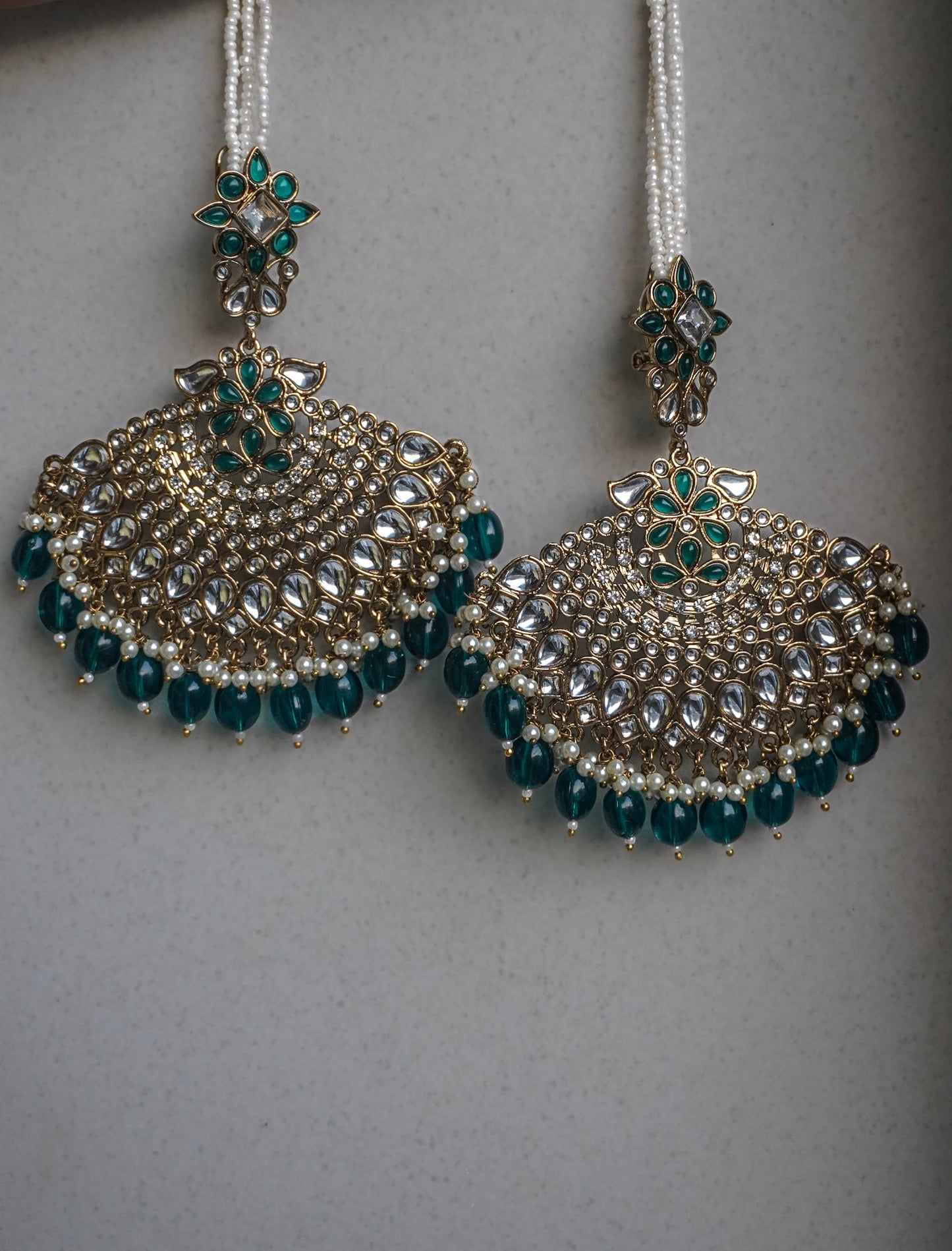 Green Aarya Chandbaali with Ear Chain | Detachable (2 in 1)