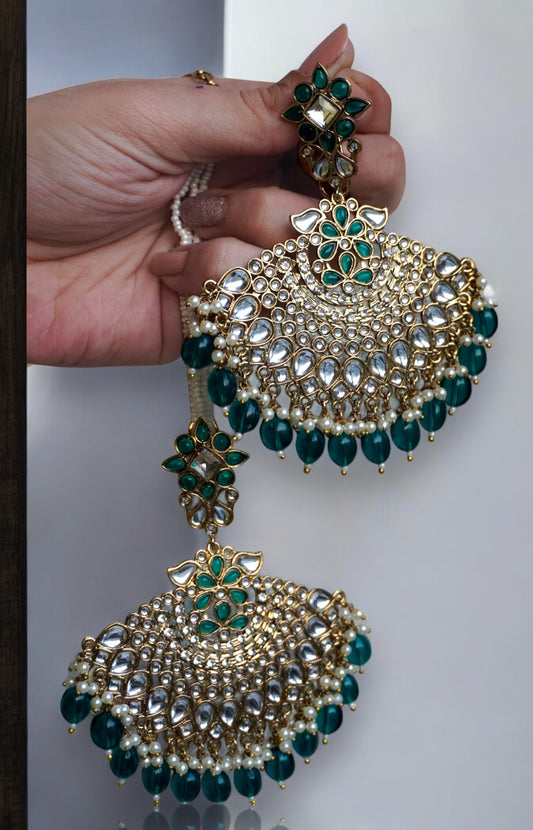 Green Aarya Chandbaali with Ear Chain | Detachable (2 in 1)