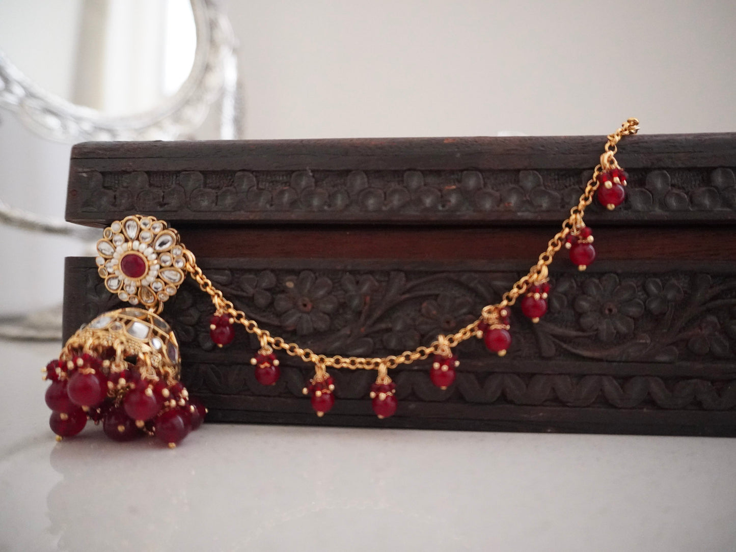 Red Kundan Jhumkas with Hair Chain & Maang Tikka Set