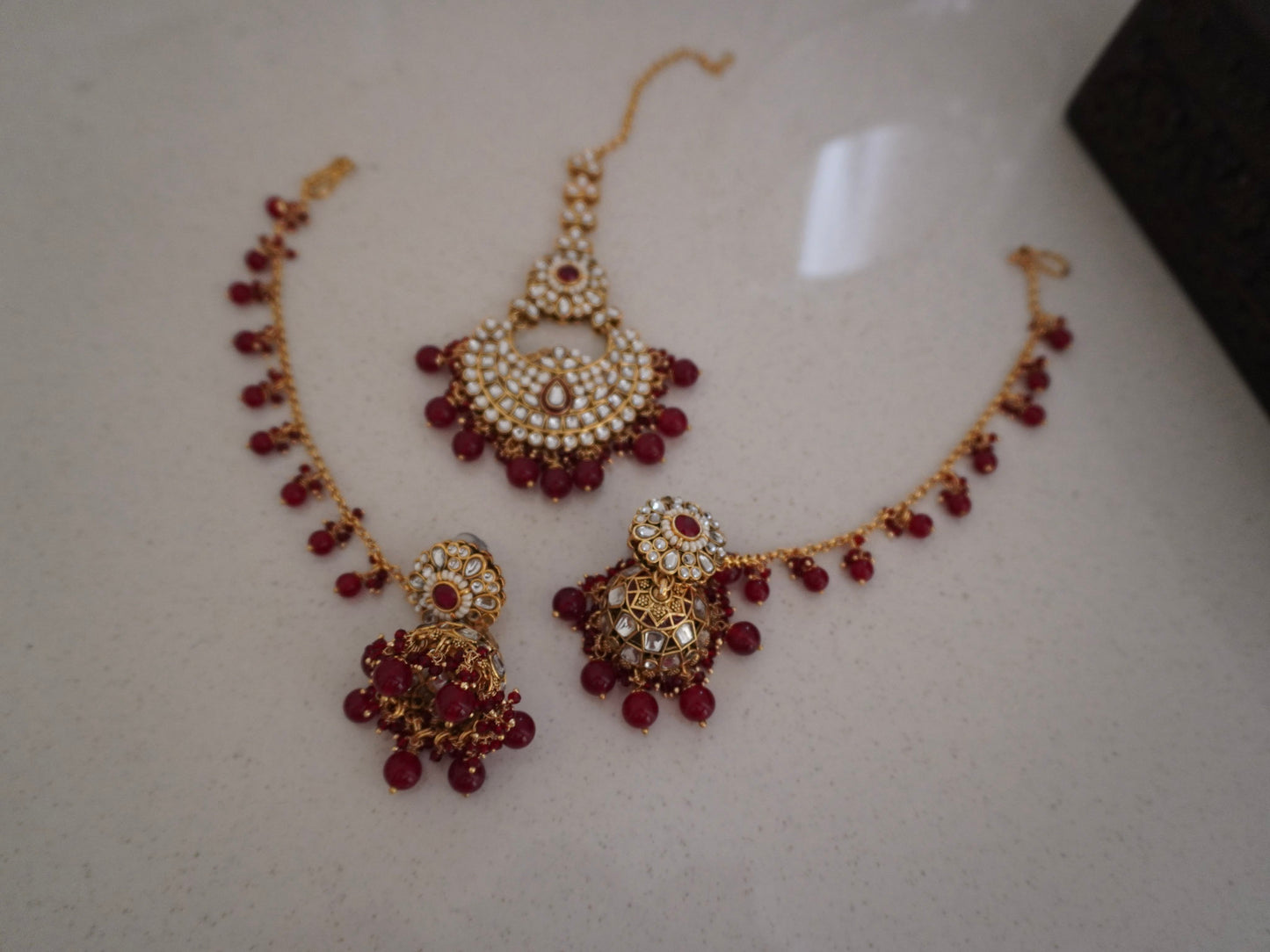 Red Kundan Jhumkas with Hair Chain & Maang Tikka Set