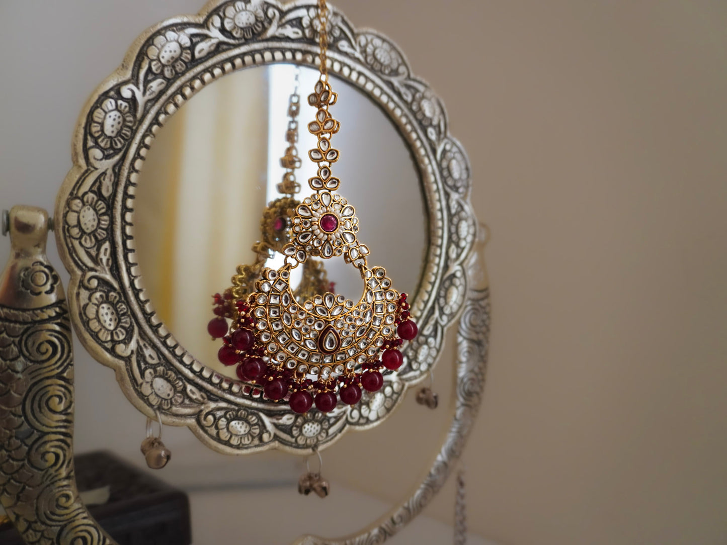 Red Kundan Jhumkas with Hair Chain & Maang Tikka Set