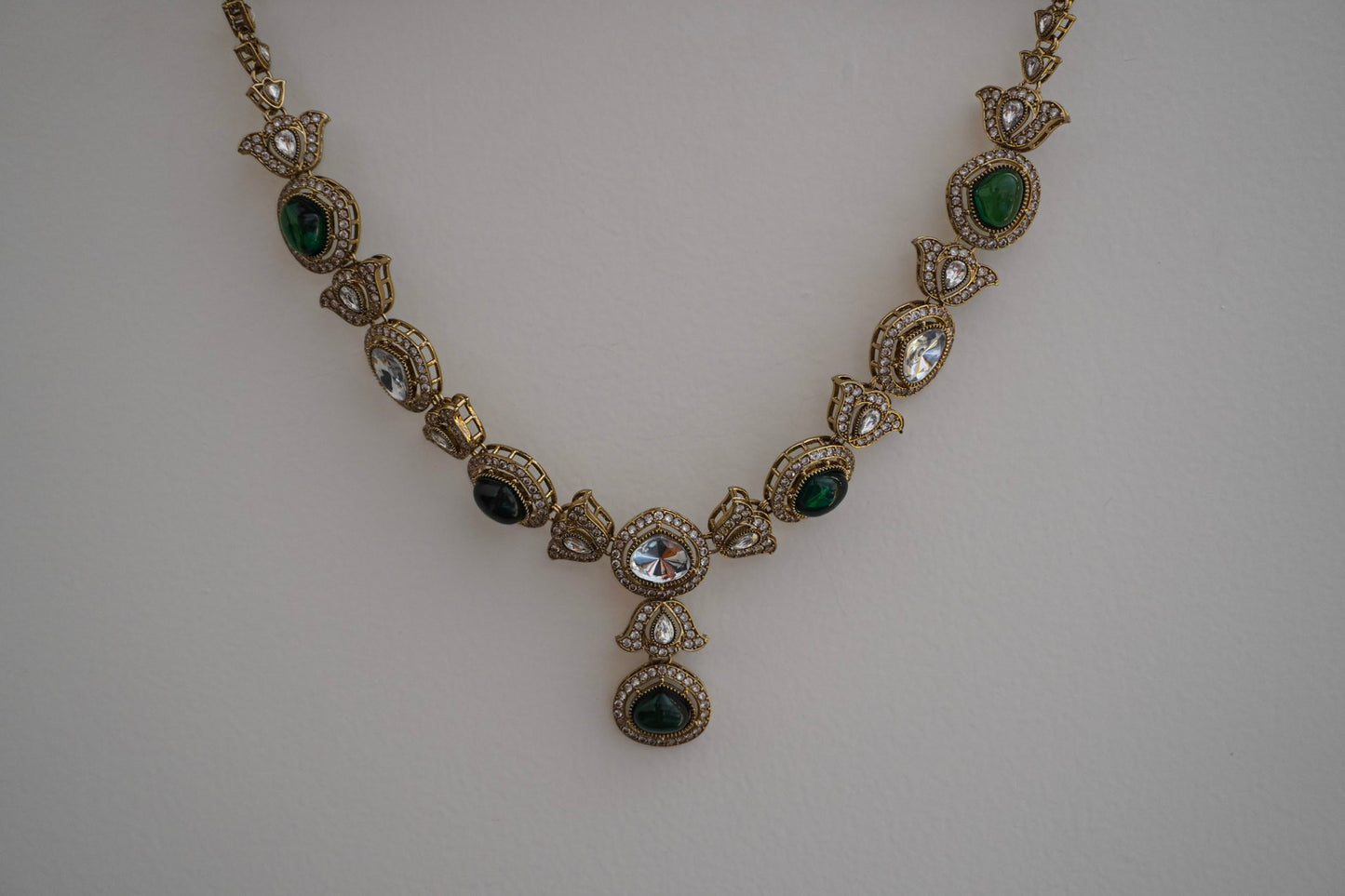 Green Pankhuri Kundan Necklace Set of 3