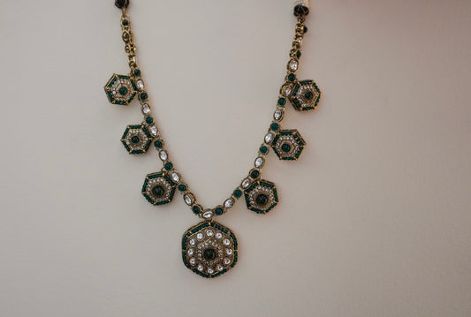 Green Heeya Kundan Pearl Necklace (Necklace, Earrings, Maang Tikka)