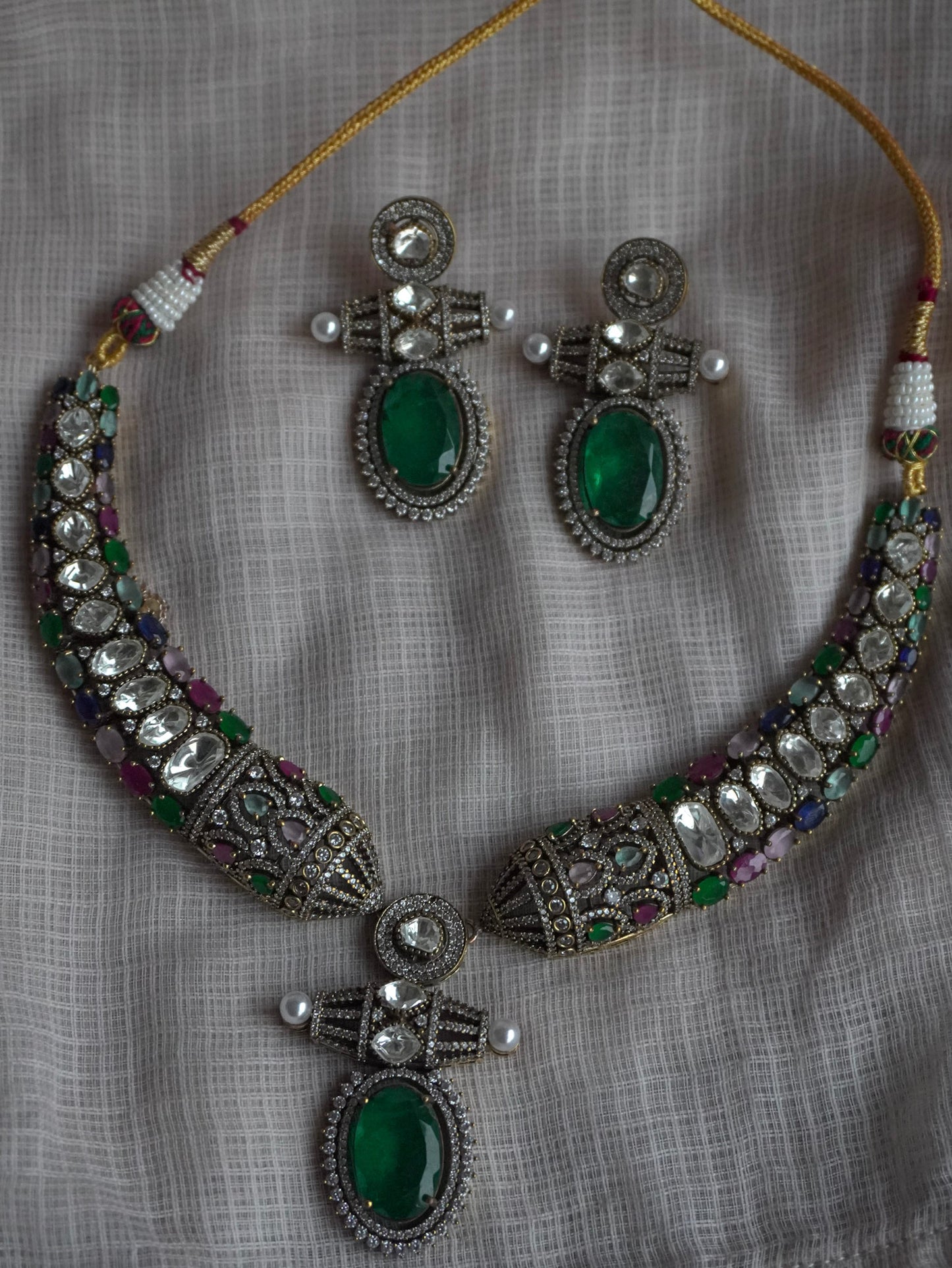 Victorian Emerald Hasli Navratna Necklace Set (Necklace & Earrings)