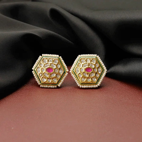 Kundan Pearl Hexagon Studs