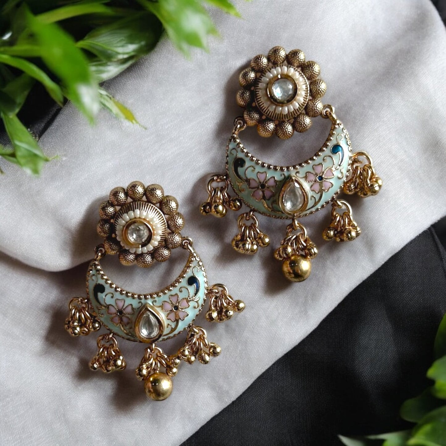 Mint Blue Meenakari Rajwada Chandbaali Earrings