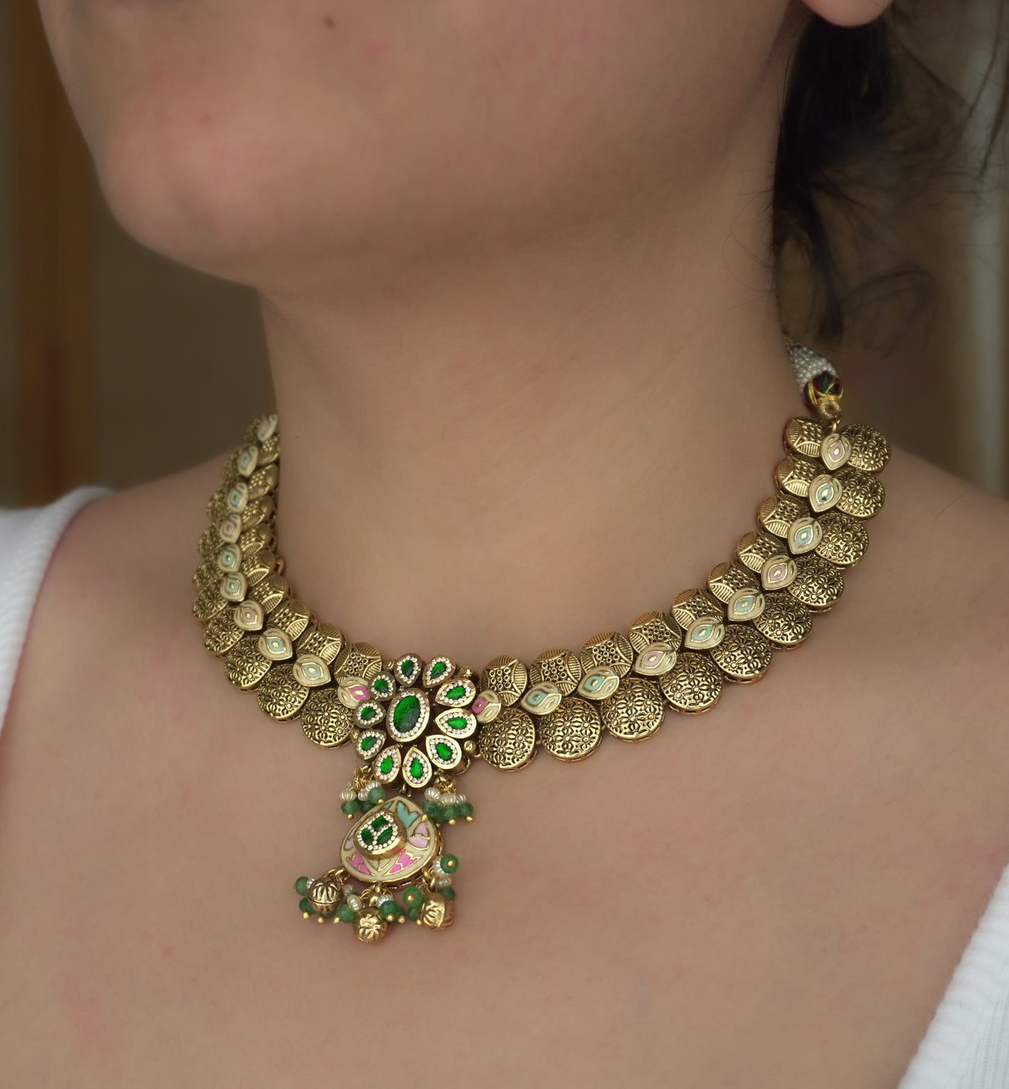 Green Kadambari Gold Necklace (Necklace & Earrings)