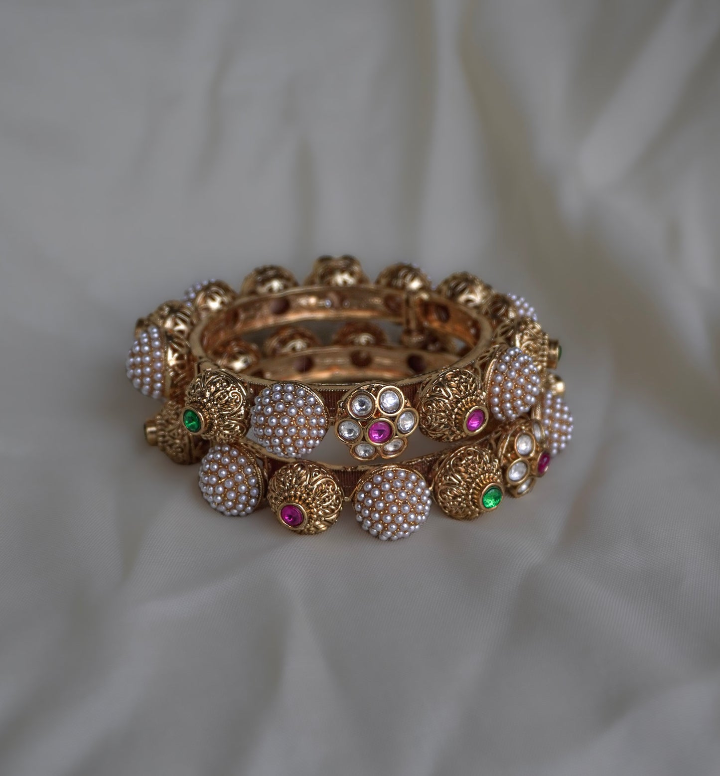 Pearl Kundan Flower Statement Bangles (Adjustable - Set of 2)