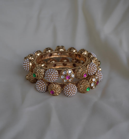 Pearl Kundan Flower Statement Bangles (Adjustable - Set of 2)