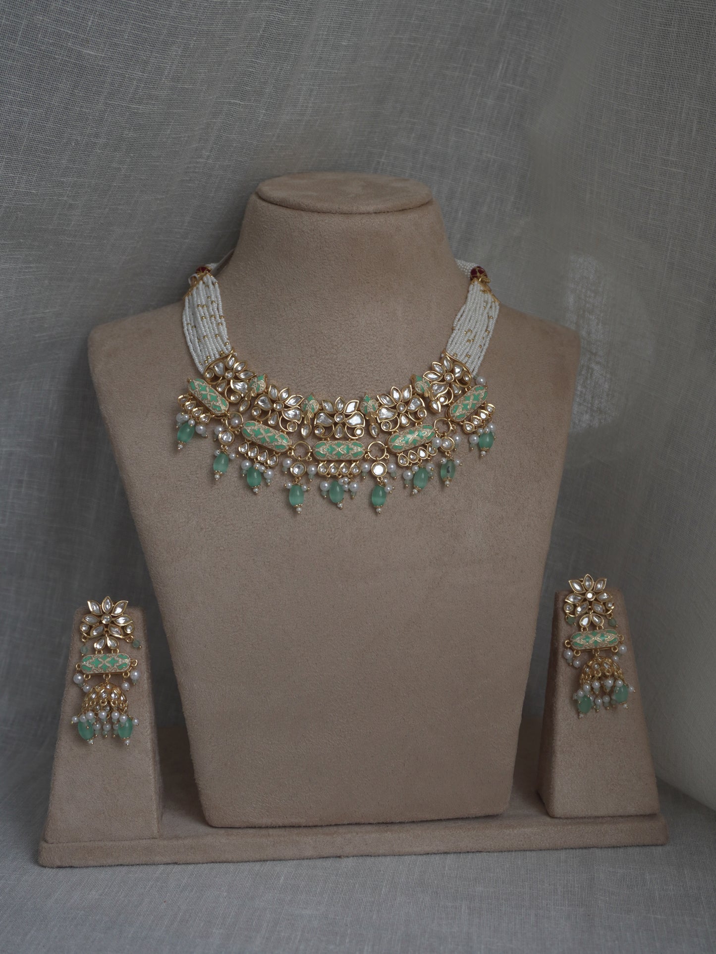 Mint Enamel Polki Choker Necklace Set