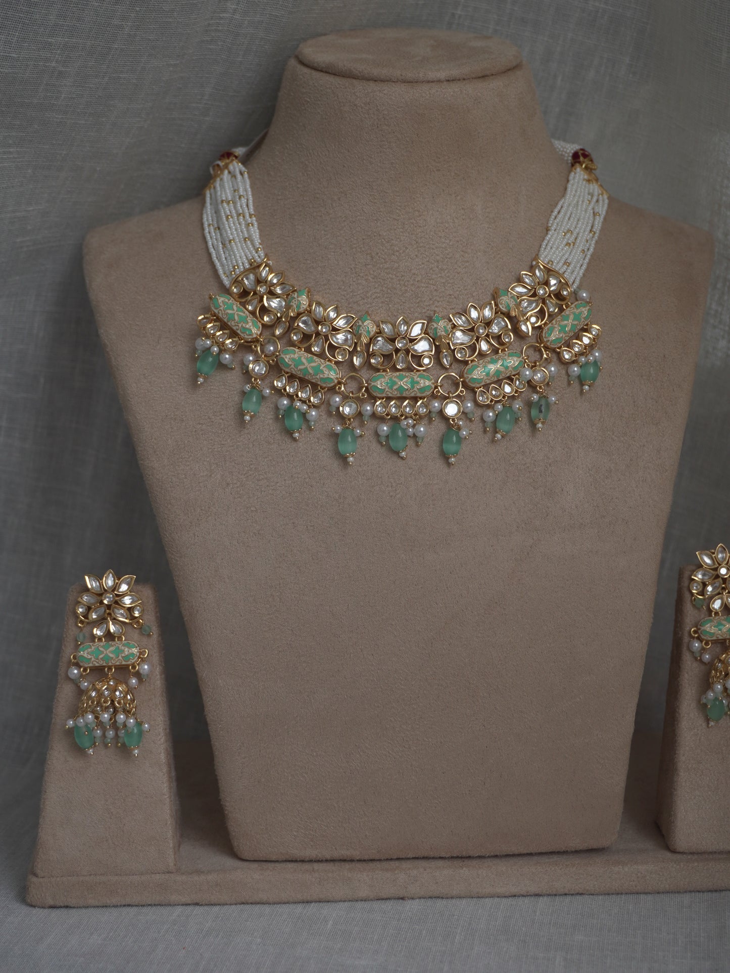 Mint Enamel Polki Choker Necklace Set