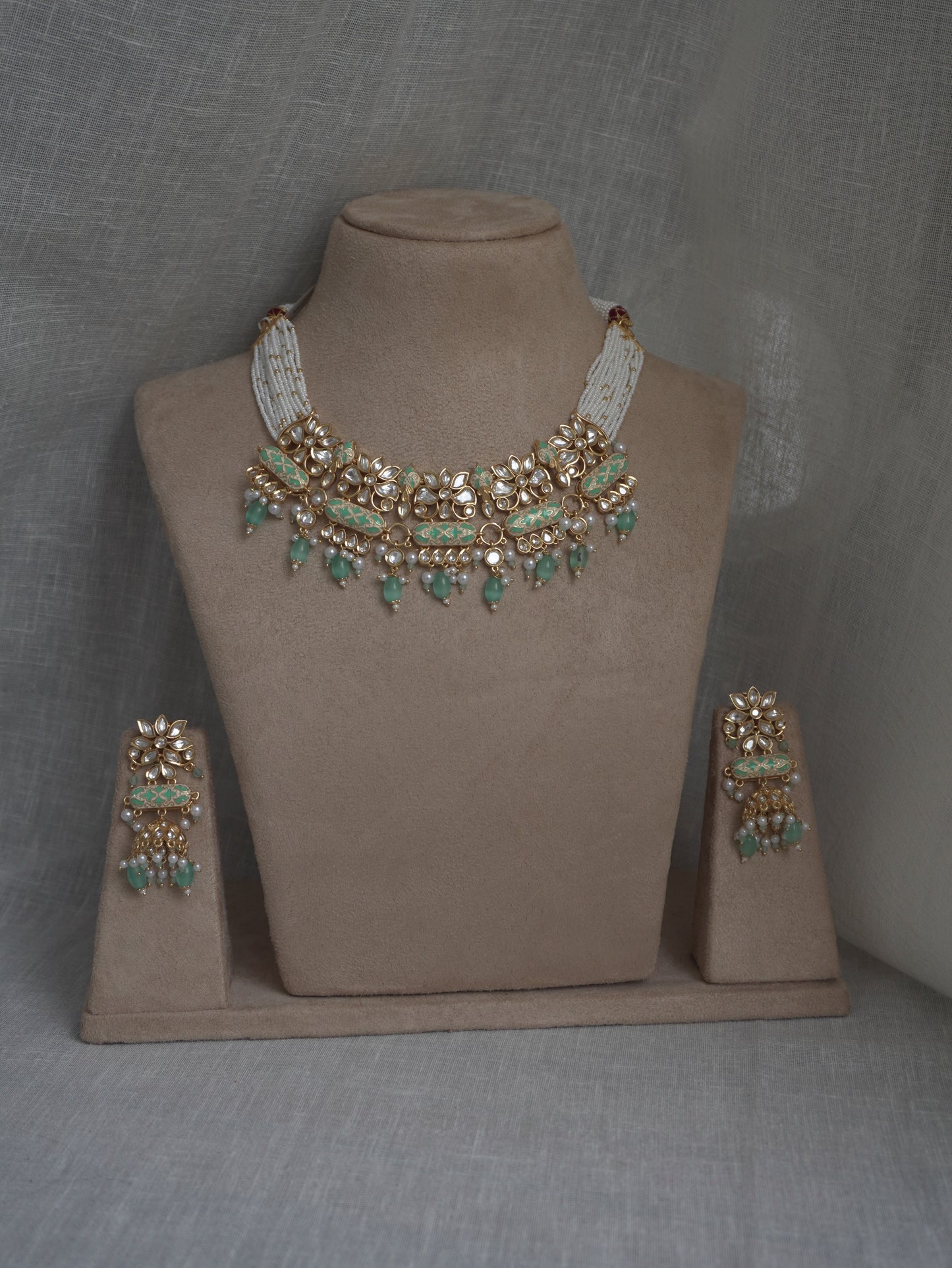 Mint Enamel Polki Choker Necklace Set