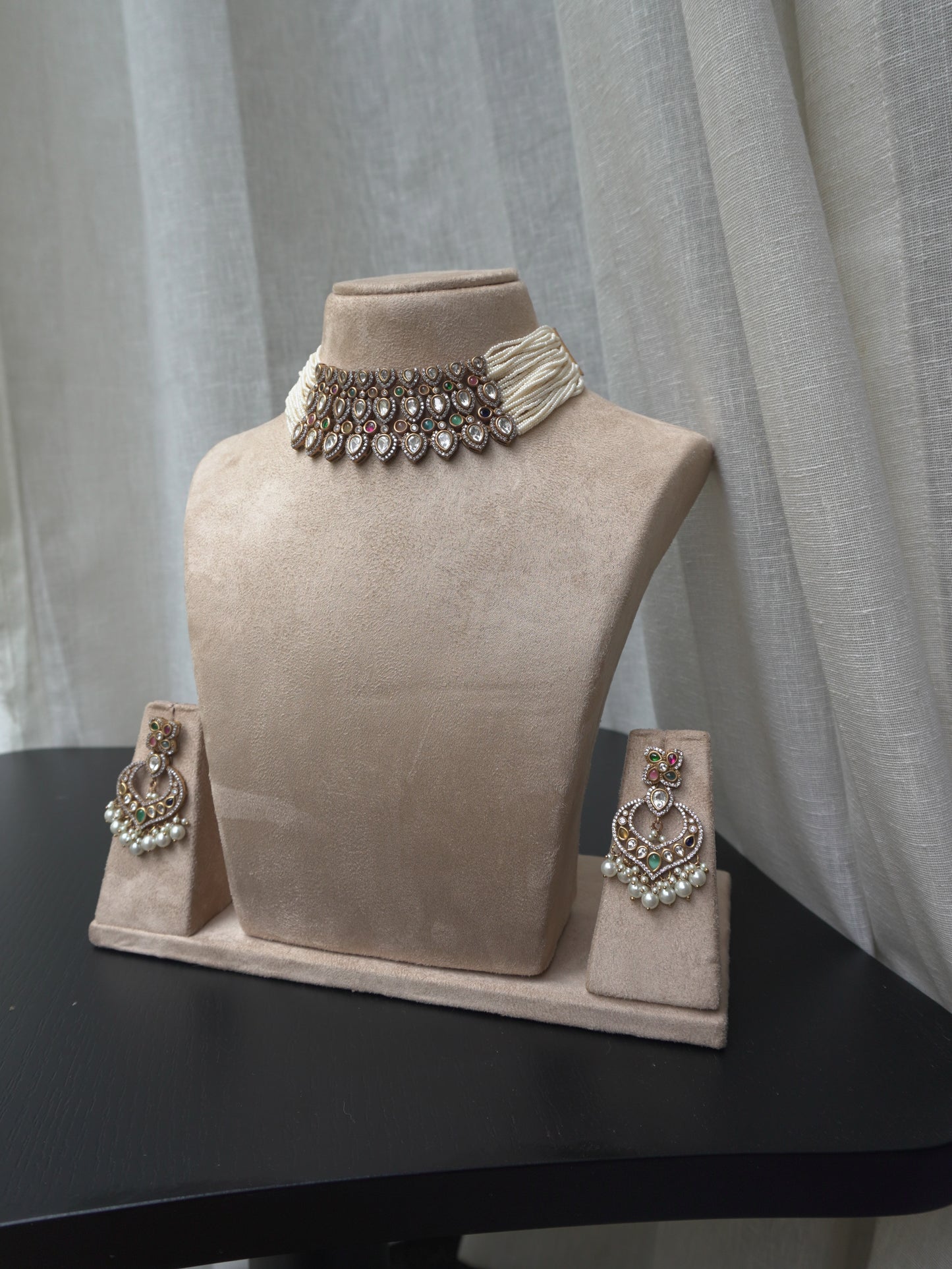 Pearl Polki Statement Choker Necklace Set (Necklace & Earrings)