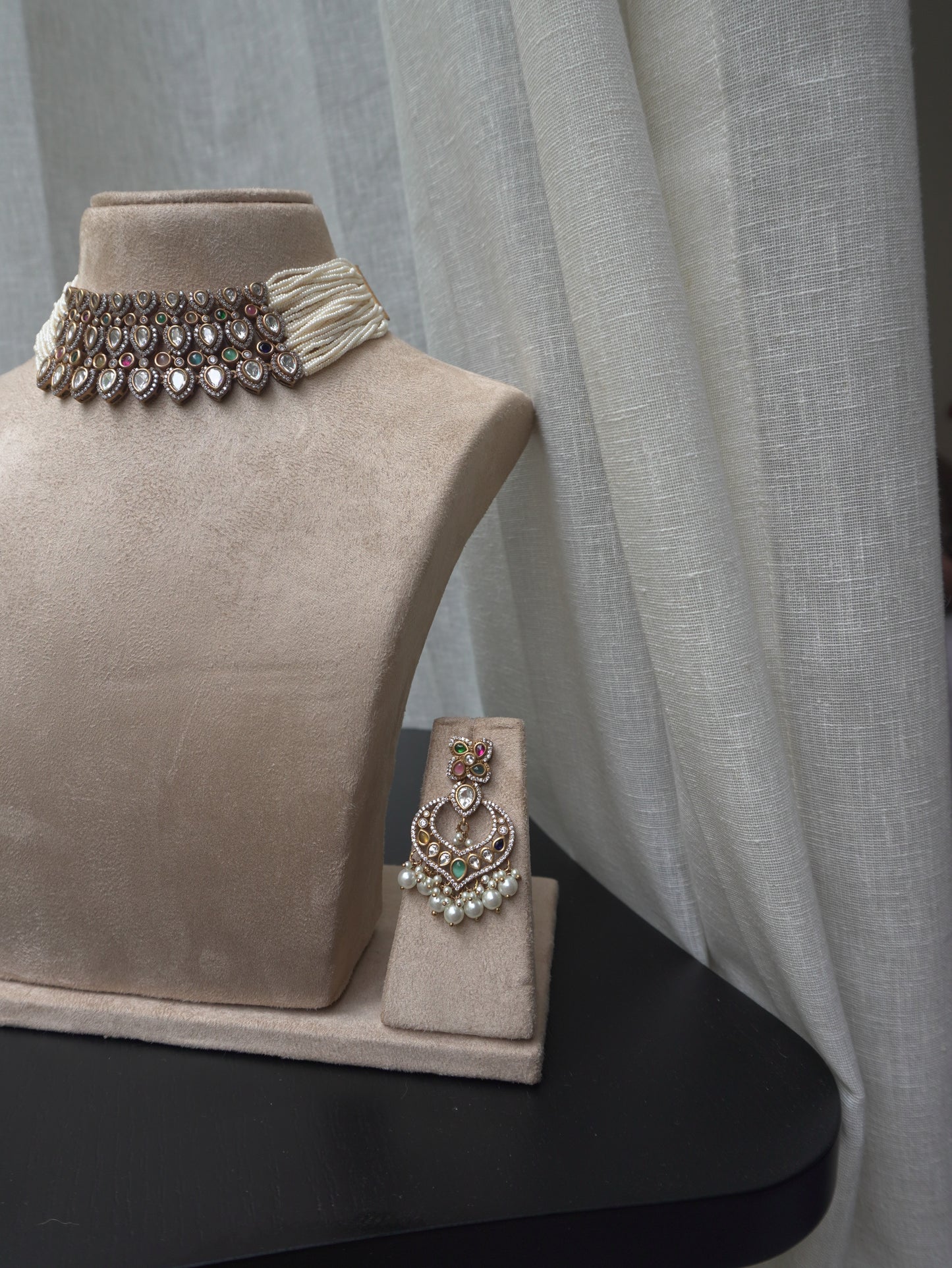 Pearl Polki Statement Choker Necklace Set (Necklace & Earrings)