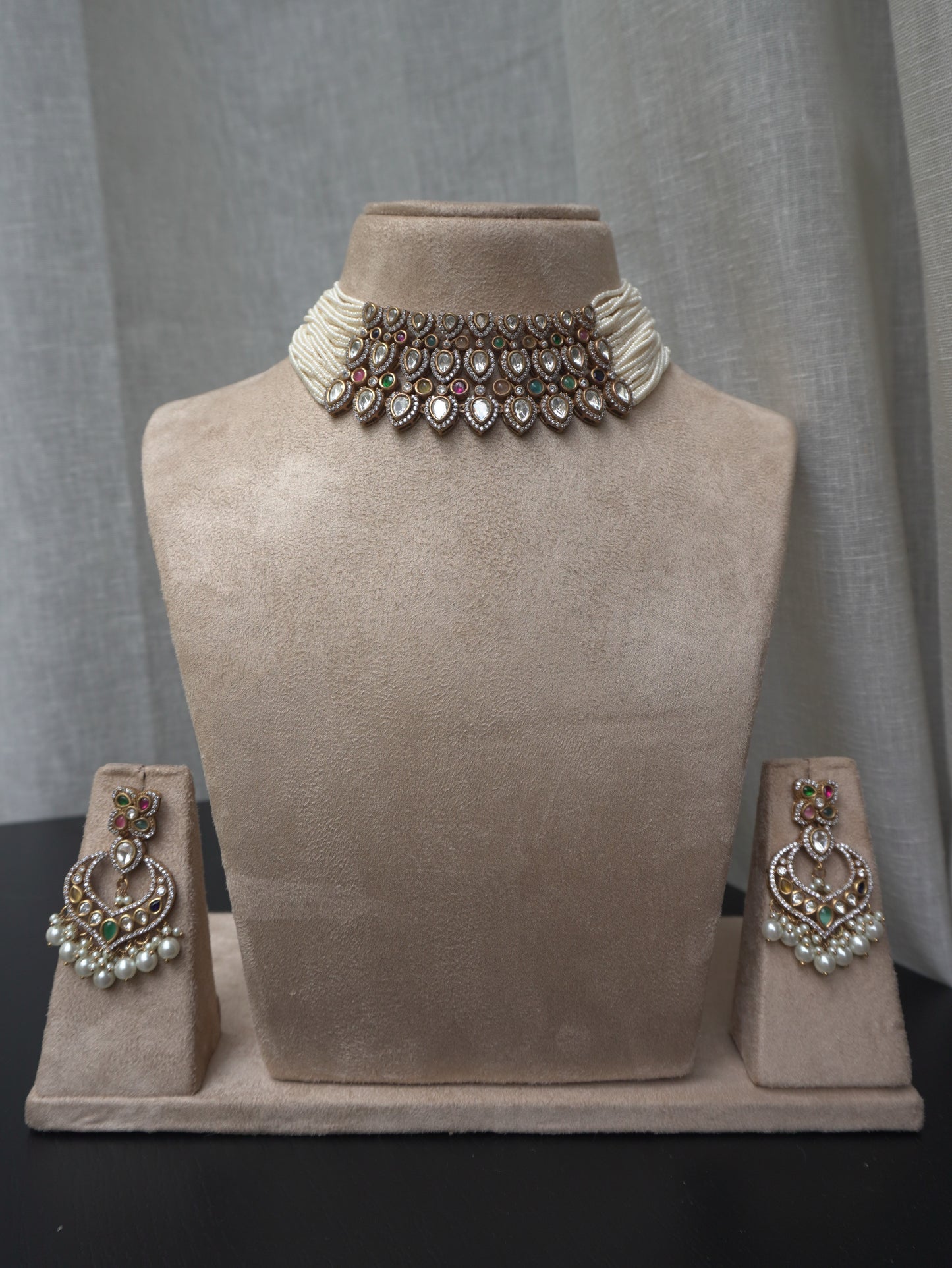 Pearl Polki Statement Choker Necklace Set (Necklace & Earrings)
