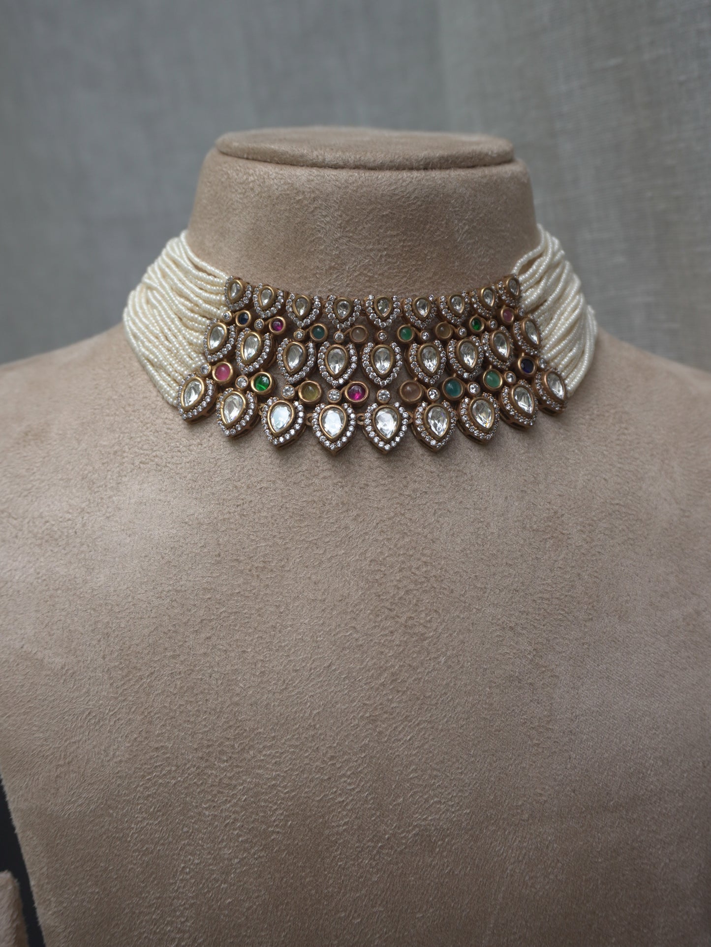 Pearl Polki Statement Choker Necklace Set (Necklace & Earrings)