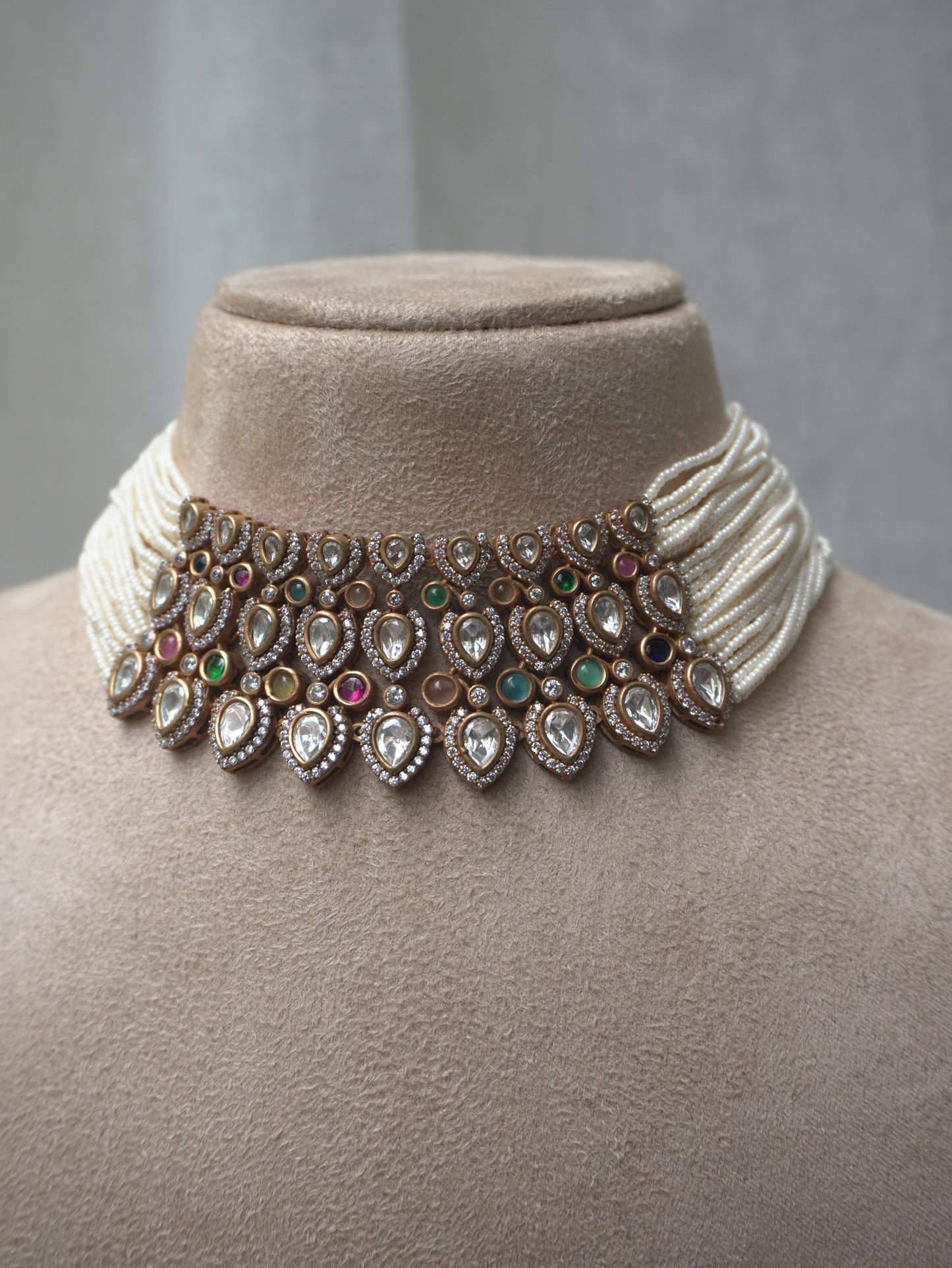 Pearl Polki Statement Choker Necklace Set (Necklace & Earrings)