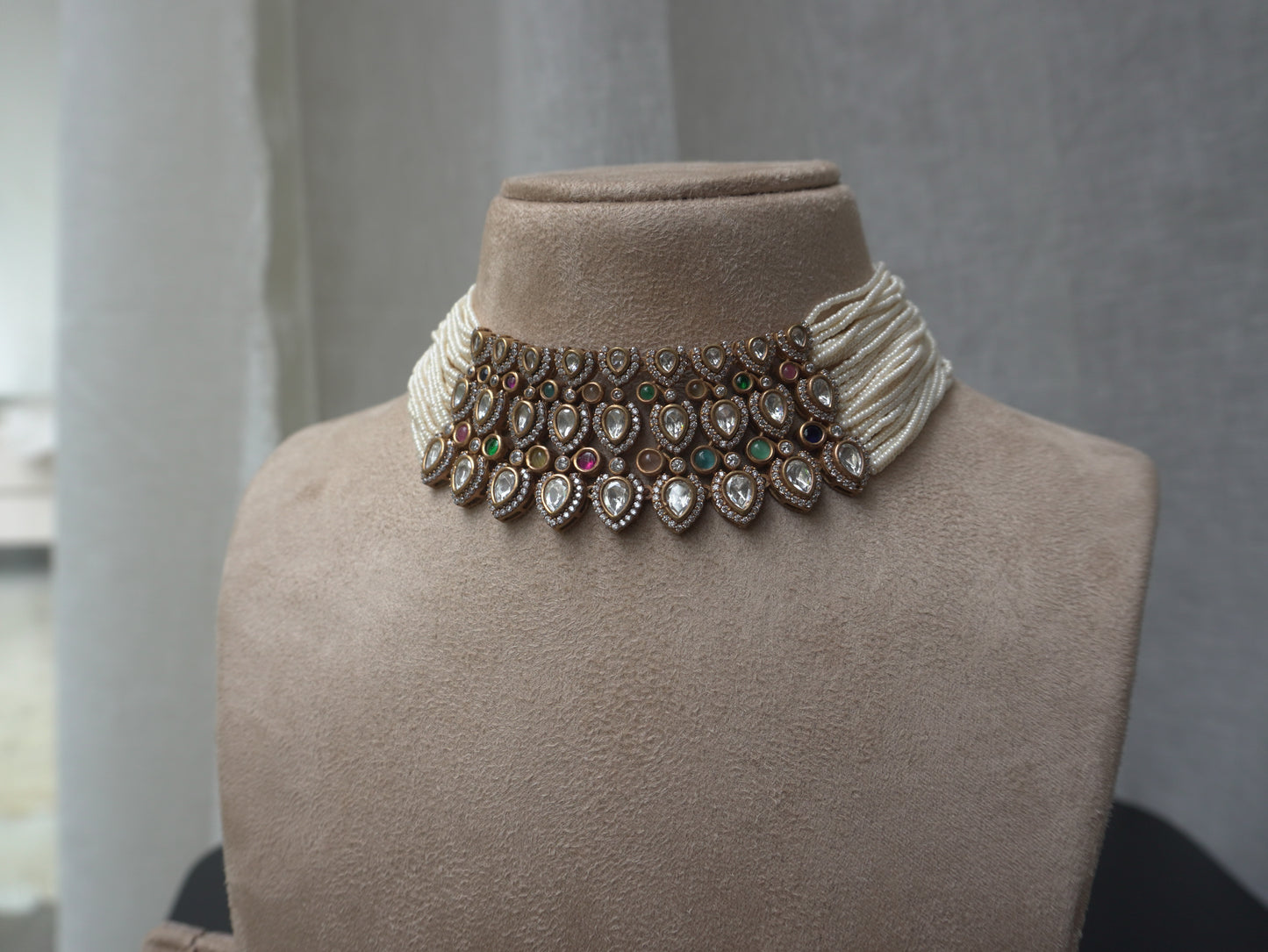 Pearl Polki Statement Choker Necklace Set (Necklace & Earrings)