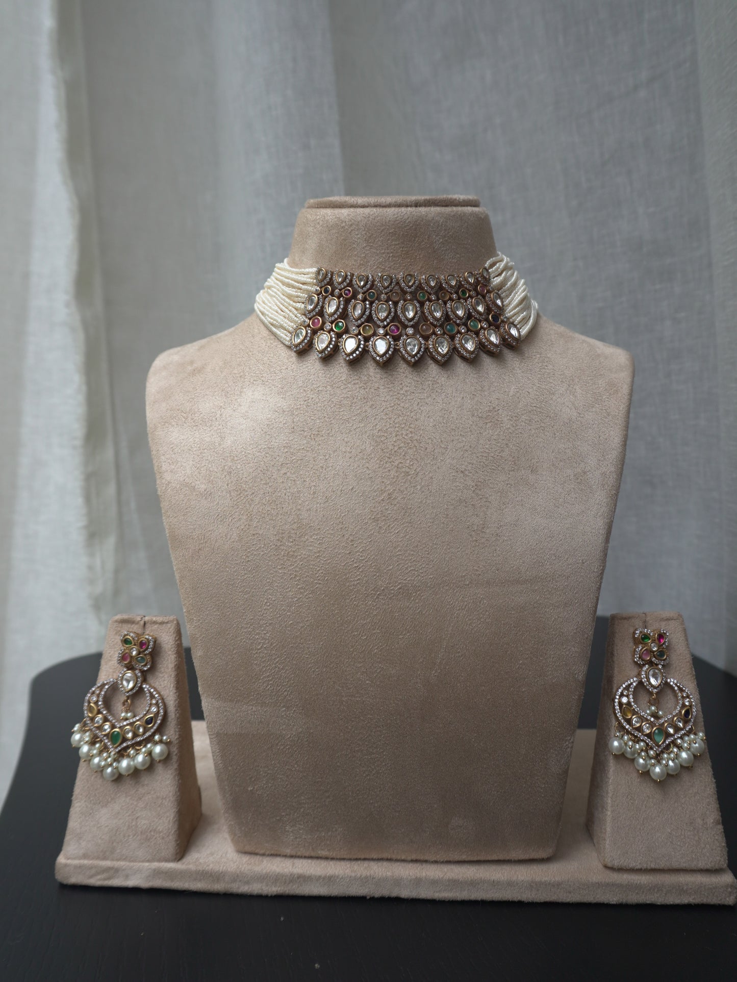 Pearl Polki Statement Choker Necklace Set (Necklace & Earrings)