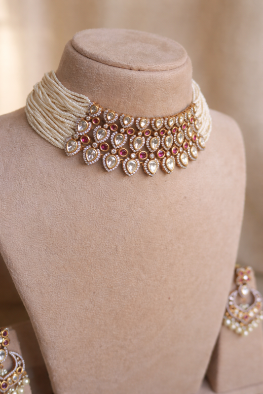 Pearl Polki Statement Choker Necklace Set (Necklace & Earrings)