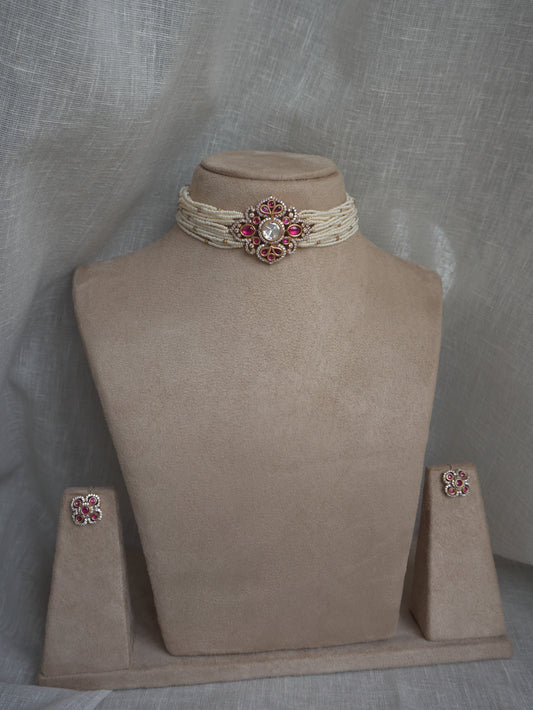 Ruby Polki Pearl Choker Necklace Set