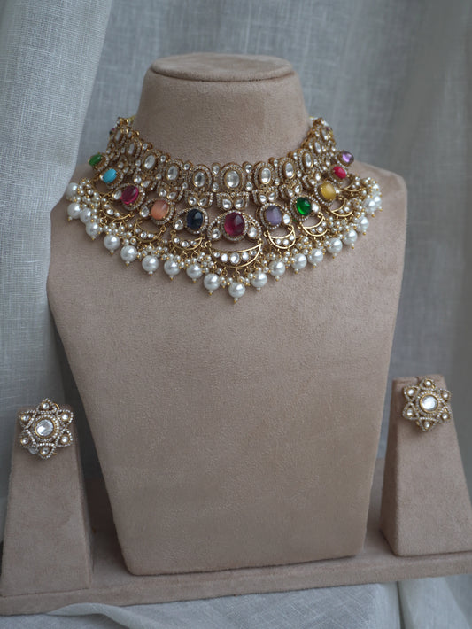 Navratna Polki Choker Necklace Set (Choker & Earrings)
