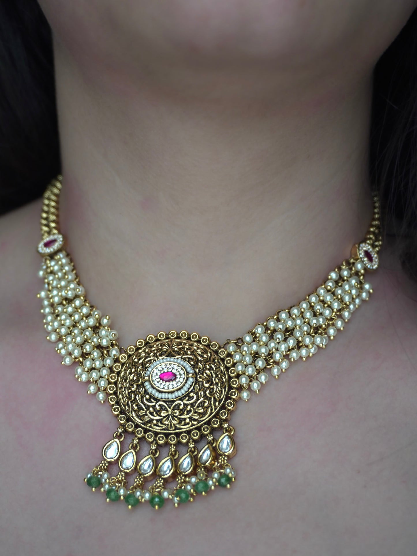 Temple Pearl Kundan Necklace Set (Necklace & Earrings)