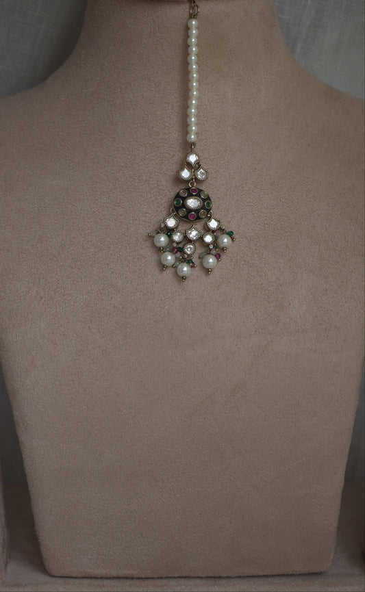 Heritage Polki Pearl Bridal Set – Necklace, Earrings & Maang Tikka