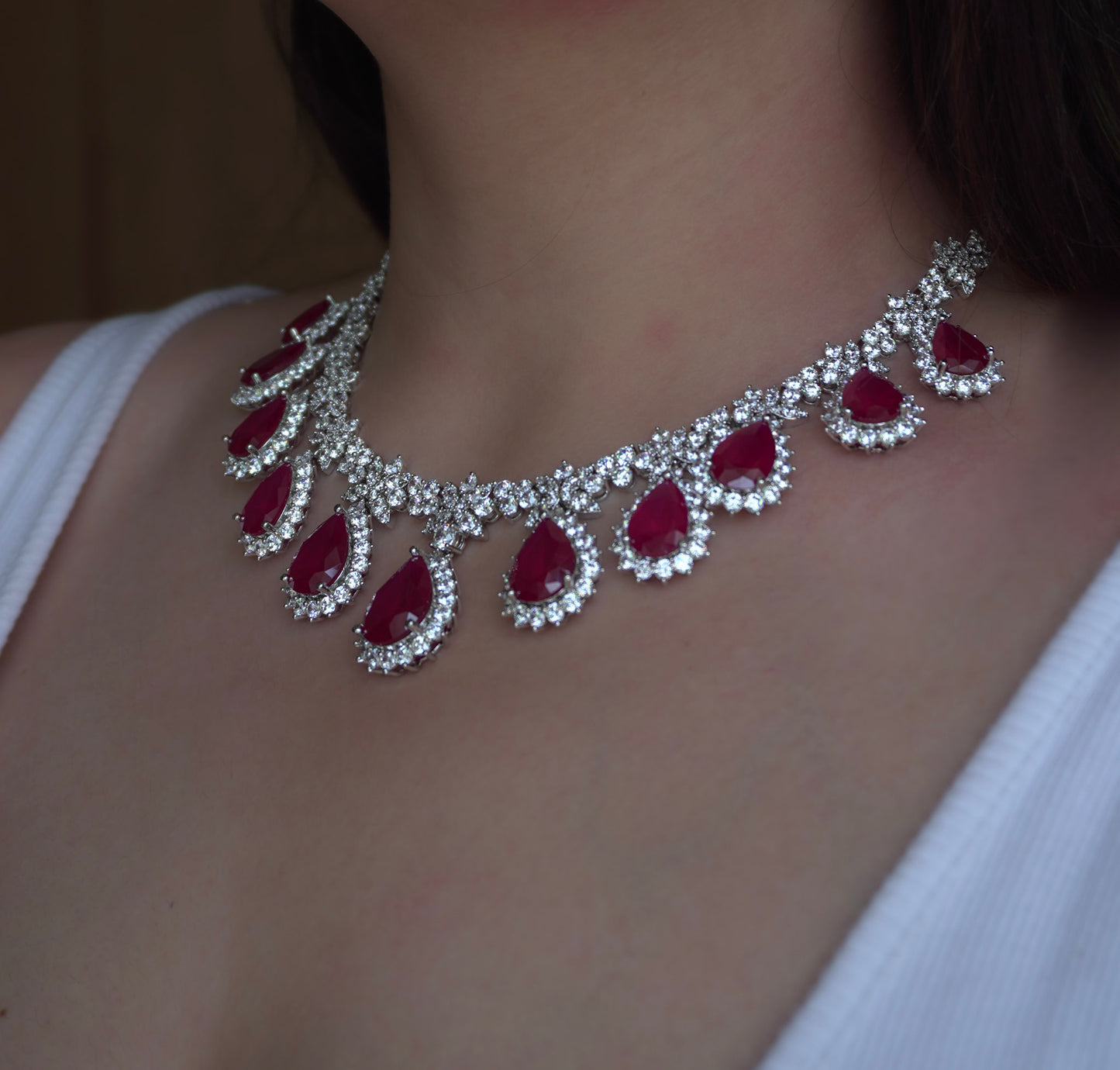 Rooh Ruby Diamond Necklace Set (Necklace & Earrings)