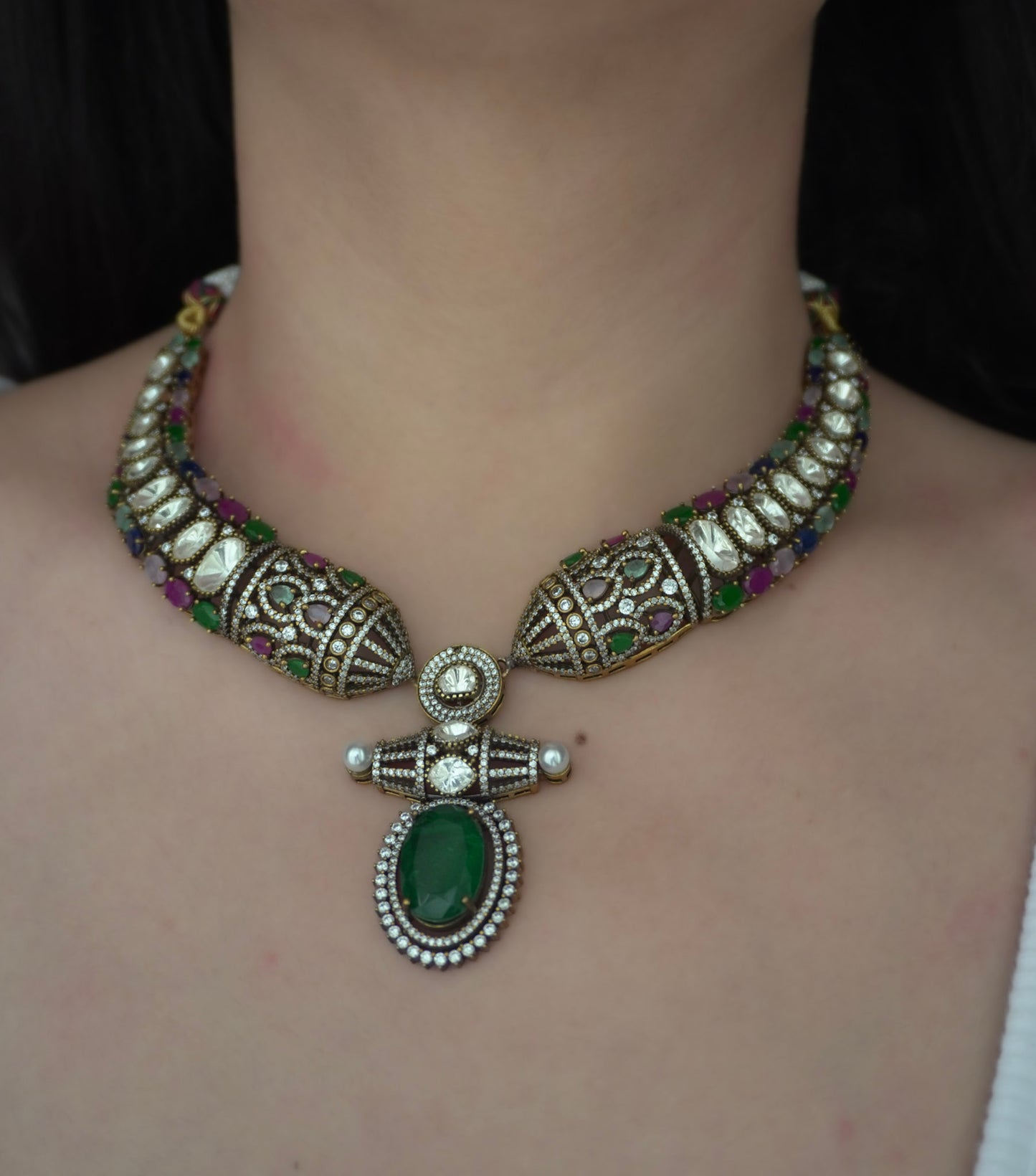 Victorian Navratna Hasli Navratna Necklace Set (Necklace & Earrings)