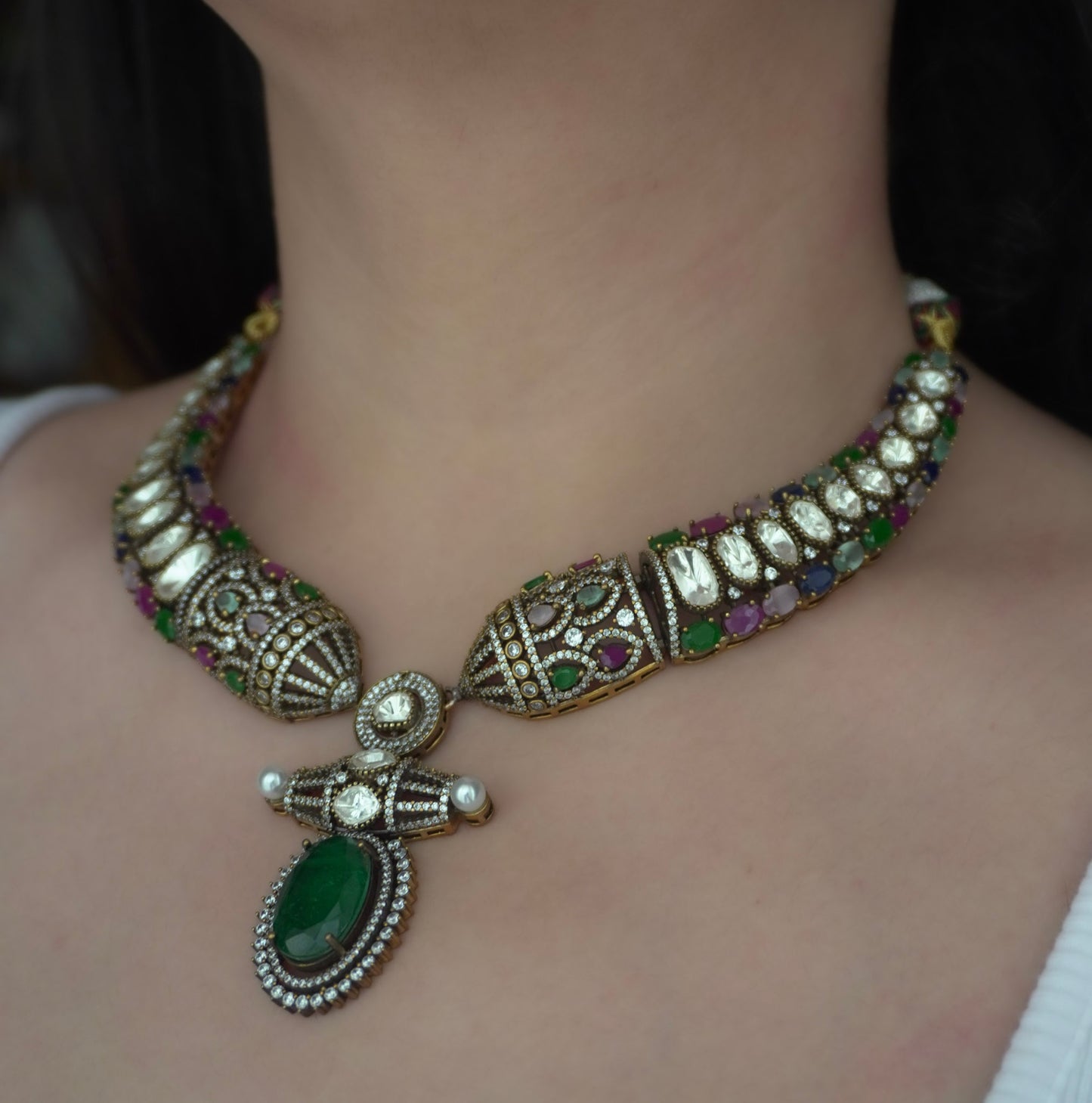 Victorian Navratna Hasli Navratna Necklace Set (Necklace & Earrings)
