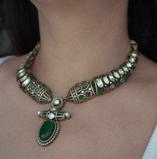 Victorian Navratna Hasli Navratna Necklace Set (Necklace & Earrings)