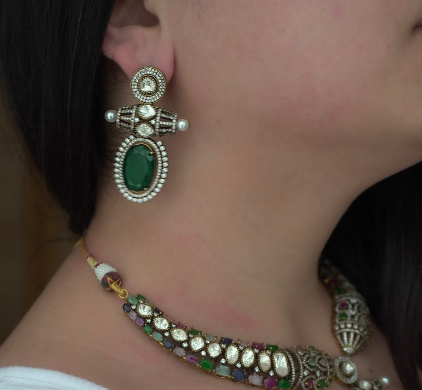 Victorian Navratna Hasli Navratna Necklace Set (Necklace & Earrings)