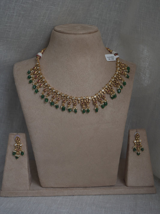 Emerald Drop Kundan Necklace Set (Necklace & Earrings)