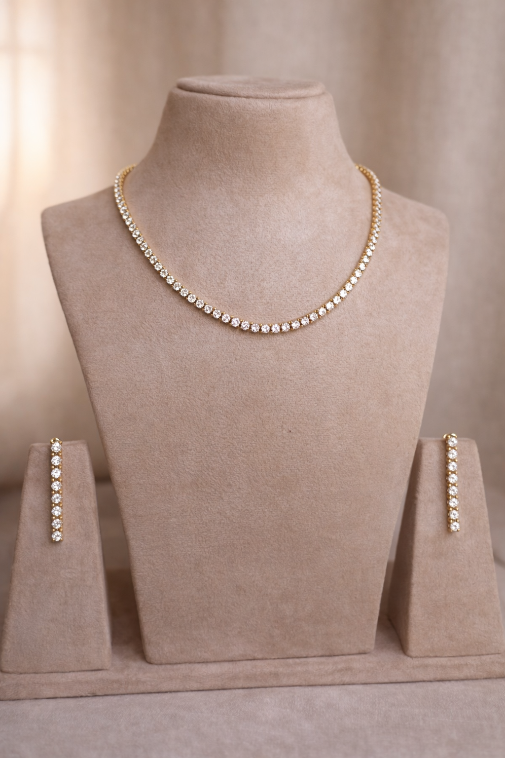 Gold Tennis Necklace Set (Necklace & Earrings)