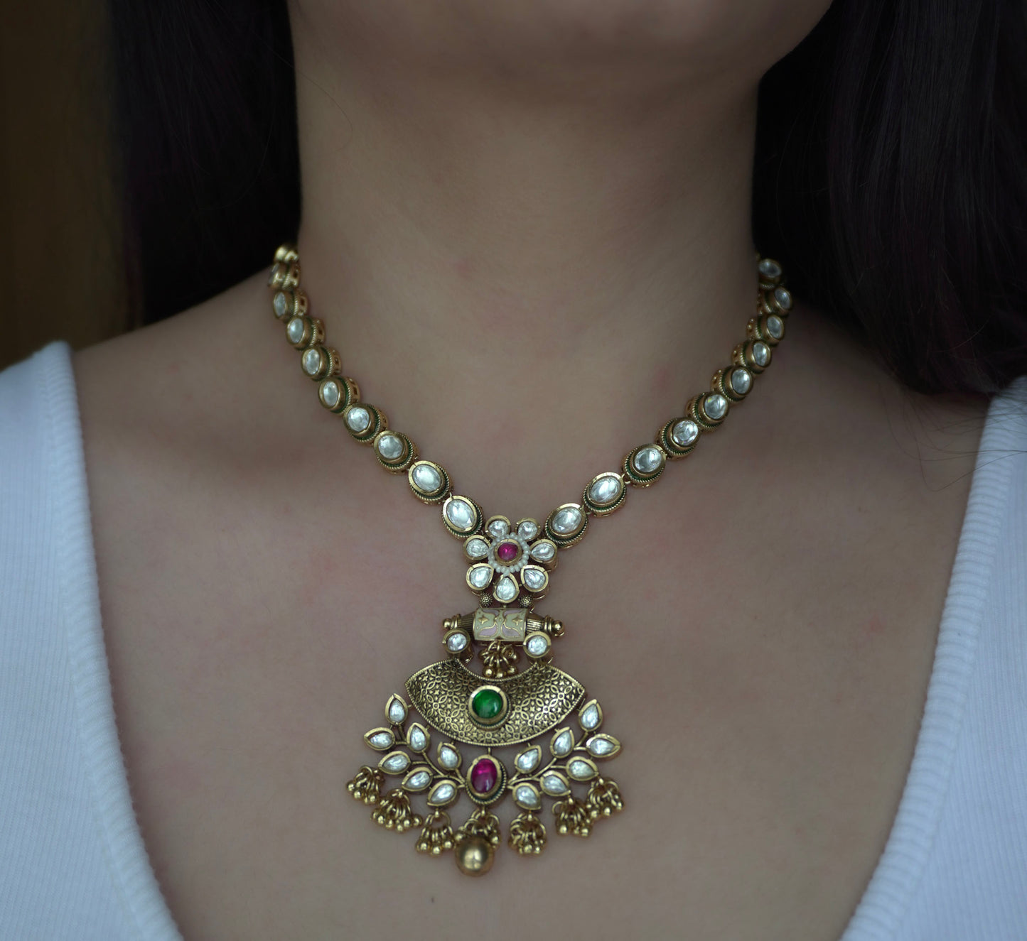 Antique Kundan Pendant Necklace Set (Necklace & Earrings)