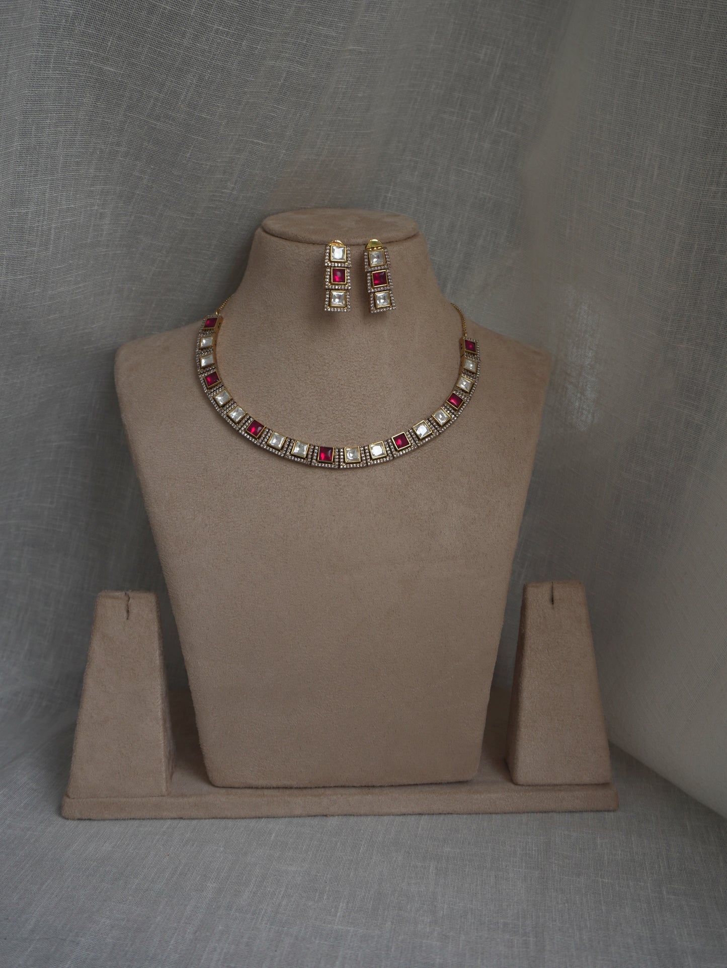 Ruby Polki Square Necklace Set