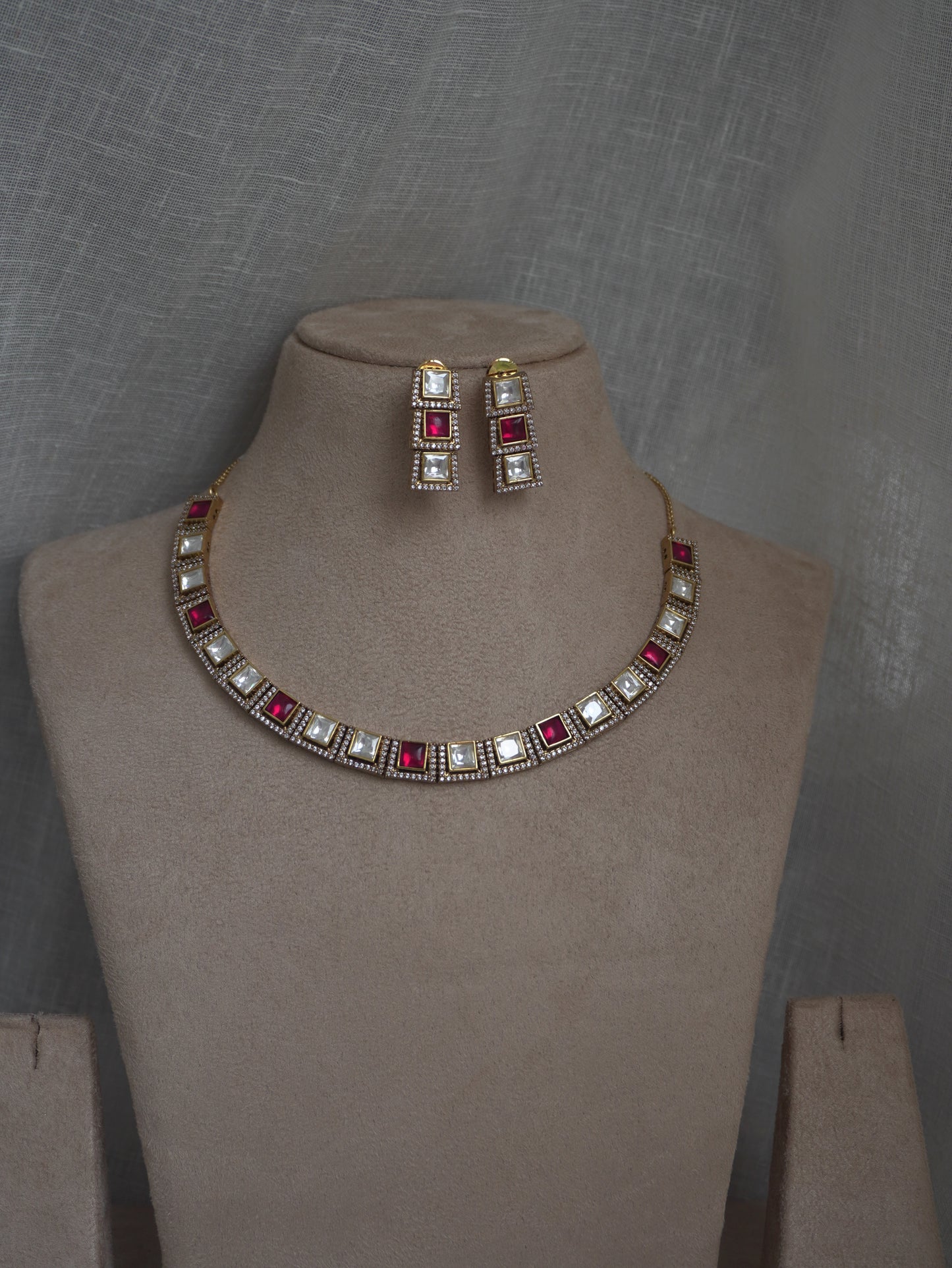 Ruby Polki Square Necklace Set