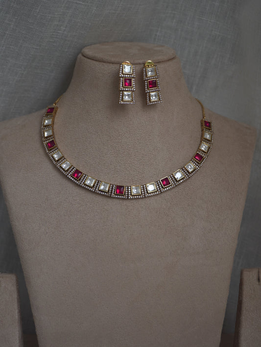 Ruby Polki Square Necklace Set