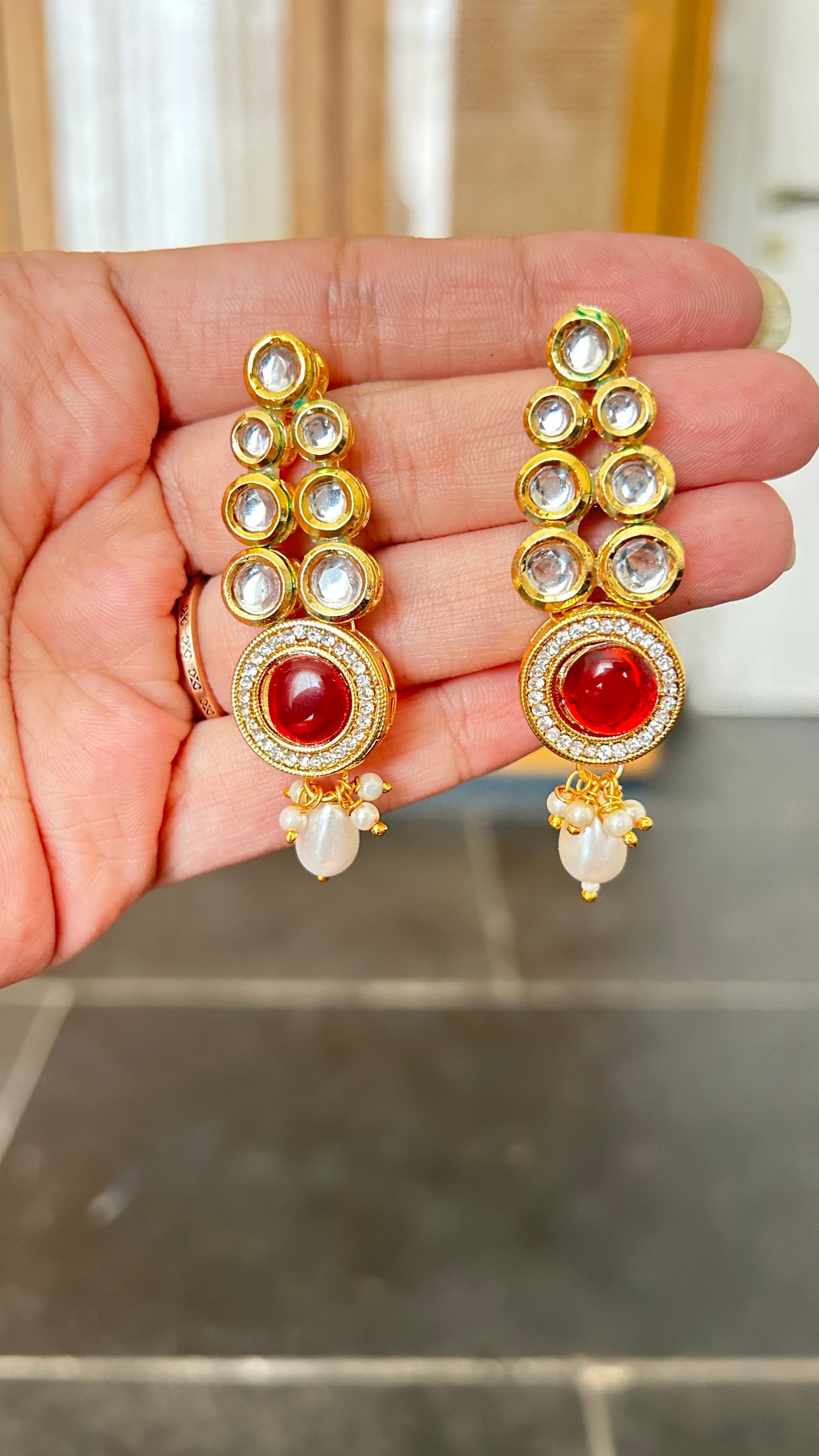 Red Kundan Drop Earrings